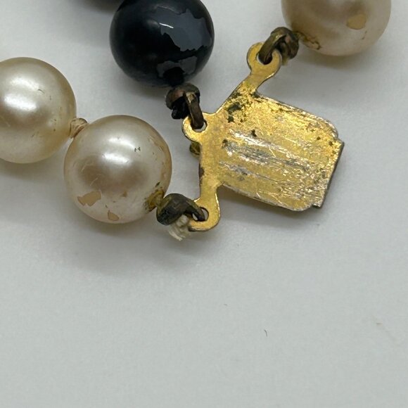 Vintage Double Strand Faux Pearl & Single Black Bead Necklace Floral Box Clasp - Picture 6 of 16